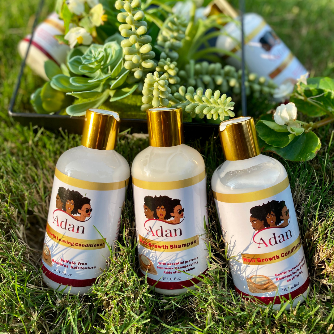 Adan shampoo, conditioner and leave in conditioner. Grow Your Hair ! Less breakage