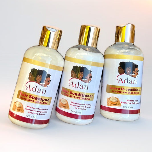 Adan shampoo, conditioner and leave in  conditioner. Grow Your Hair ! ( discontinued soon)