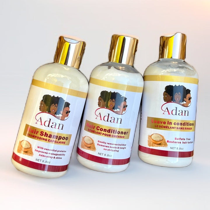 Adan shampoo, conditioner and leave in  conditioner. Grow Your Hair ! ( discontinued soon)