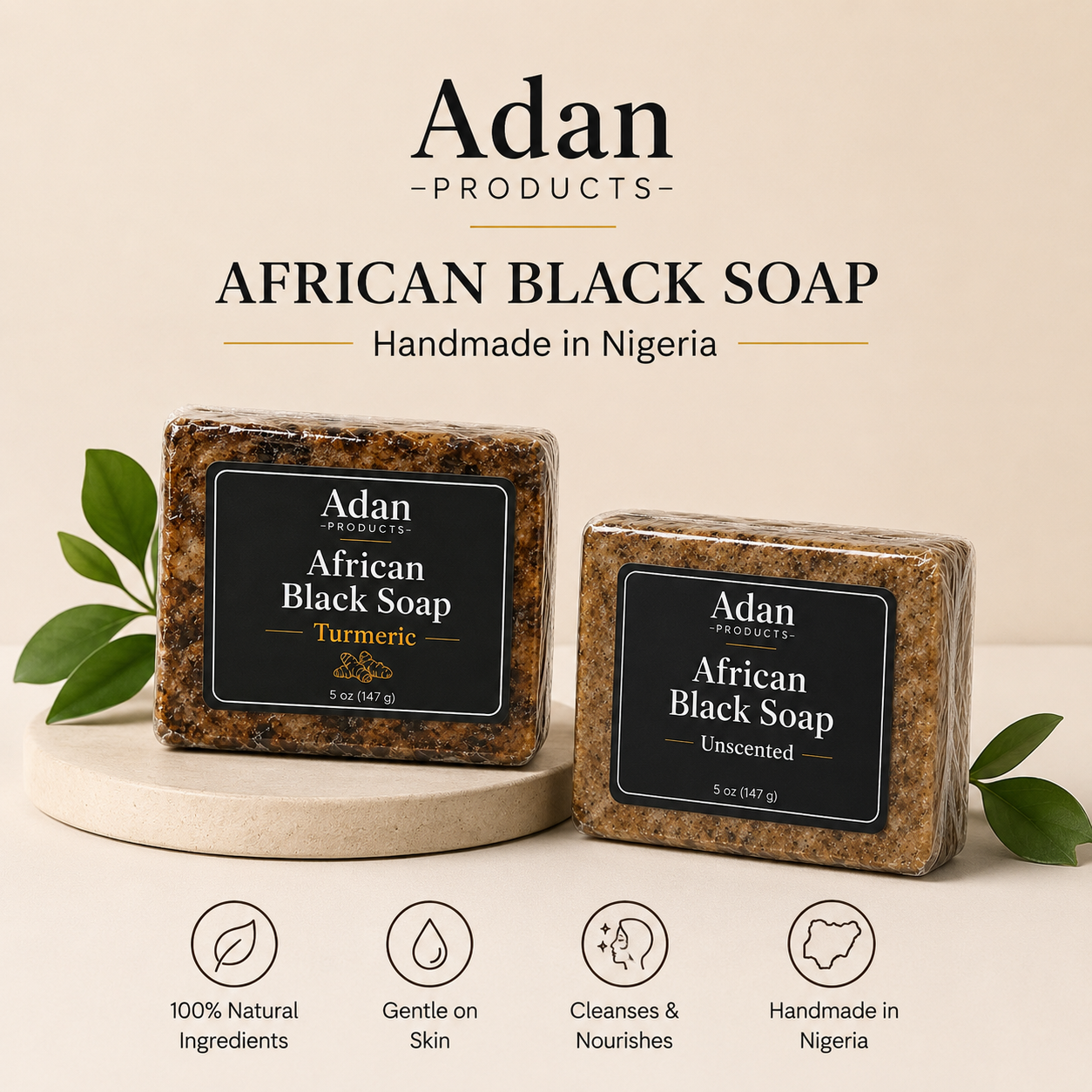 Adan African Black Soap Handmade in Nigeria  (5 oz each )